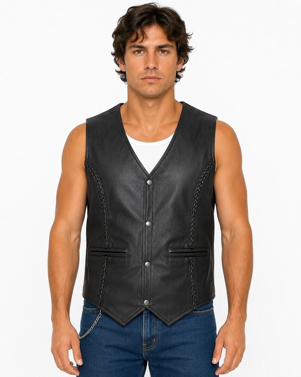 1990s Xelement Black Leather Braided Trim Biker Vest Men’s XL NWT